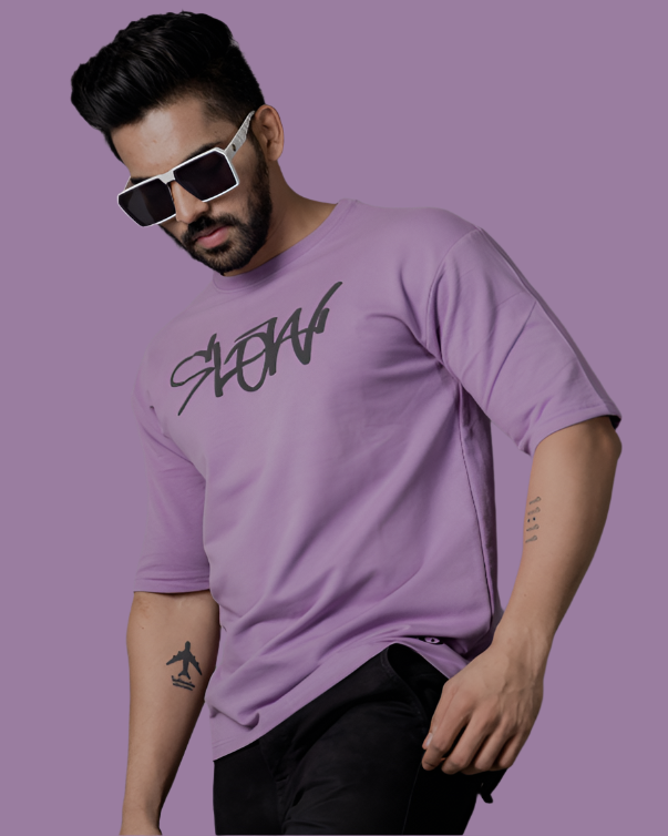 Chic Purple Artistic 'Slow' Print Unisex Oversized Tee
