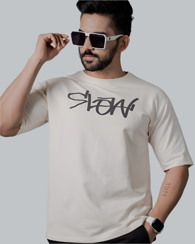 Trendy White Tee with 'Slow' Design by MonkeyFunky