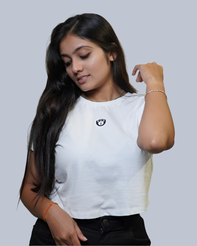 Women's White Boxy Fit Solid Round Neck Crop T-shirt by MonkeyFunky