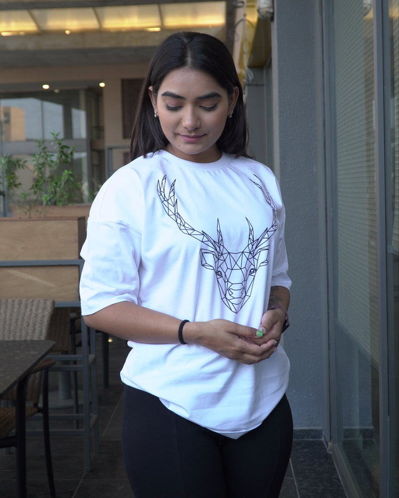Classic White Deer print Oversized Tee